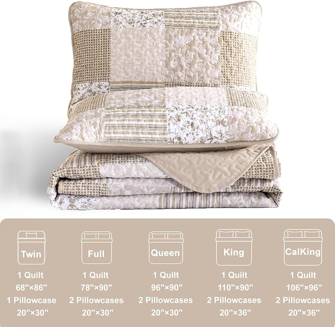 Mybedsoul Beige Boho Quilt Twin Size, Floral Bedspread Dorm Bedding | Soft Lightweight Patchwork Quilt, 2 Pieces Plaid Coverlet Set for All Seasons, Reversible Bedding Set 68"×86"
