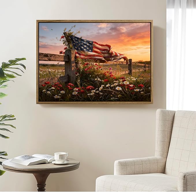 American Flag Framed Canvas Wall Art, 4th of July Patriotic Canvas Prints | Wildflower Meadow Landscape Poster Print, Vintage Rustic Independence Day Wall Decor for Bedroom Living Room 8×10in