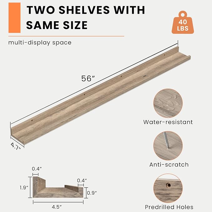 Heimlove Picture Ledge Shelf, Floating Shelves Set of 2, 55.12Inches Picture Shelf for Wall with Ledge, Kids Bookshelf Wall Mounted for Living Room Bedroom Decor Books Photo Frames - Gray