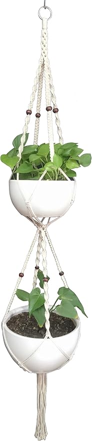 1 PCS Macrame Plant Hanger & Holder, Hanging Planter 4 Legs Double Deck for 8 inch to 10 inch Two Pots Indoor Outdoor Hanging Planter Hemp Rope 67 Inch with Metal Ring (Cotton)