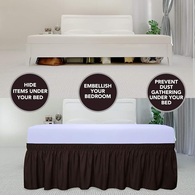PureFit Wrap Around Ruffled Bed Skirt, Chocolate, Queen/King - 14" Drop | Wrinkle Free Bedskirt Dust Ruffles, Easy to Put On Frame Cover with Adjustable Elastic Belt