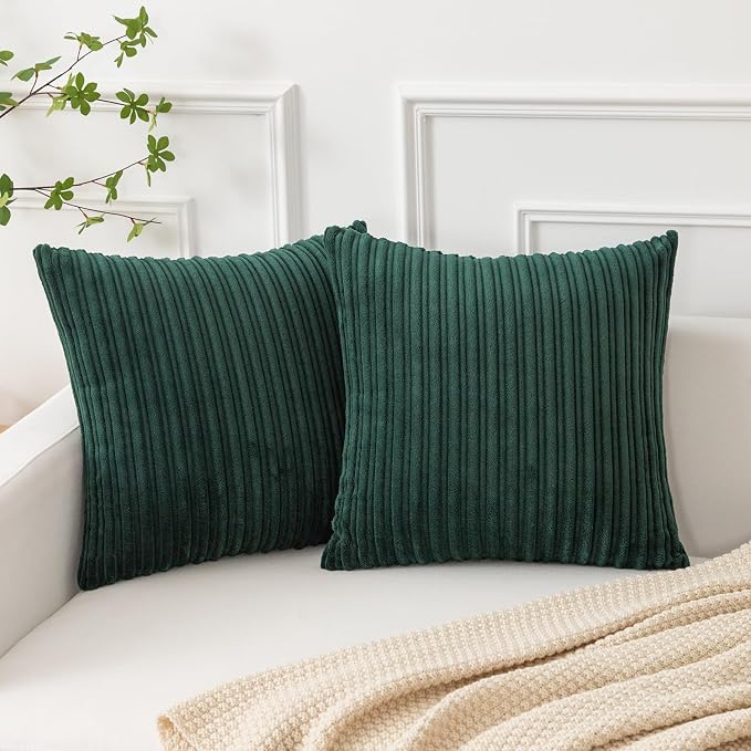 Kevin Textile Striped Corduroy 24”x24” Pillow Covers 2 Pack, Dark Green