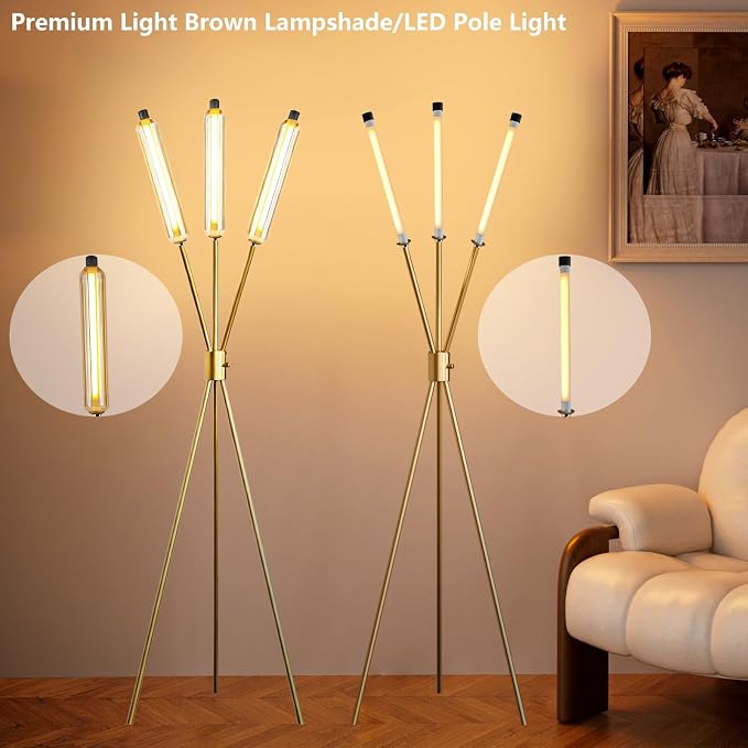 Lightdot LED Tripod Floor Lamps for Living Room, Stepless Dimmable Modern Standing Tall Lamp with 360° LED LampHead,Mid Century Industrial Floor Lamp for Bedroom/Sofa Beside/Corner Decor-Gold