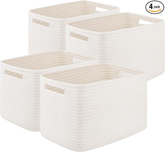 OIASKET 4Packs Natural Cotton Rope Storage Baskets for Organizing Toys, Clothes, Towels & Books, Soft Versatile Organizers for Shelves, Home Decorative Bins, 13''Lx9''Wx7.8''H, White