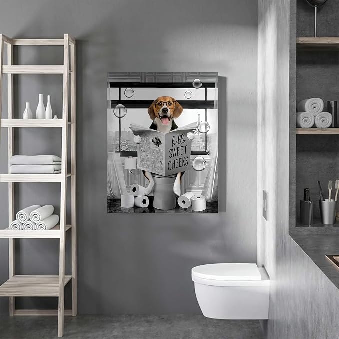 Funny Beagle Dog Wall Art Black and White Farmhouse Bathroom Print - Animal Decor Sitting in Toilet Reading Newspaper Painting - Framed Artwork 12x16 Inch