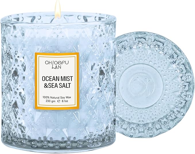 Chloefu LAN Summer California Mist Ocean & Sea Salt Candle, 8.1 oz | Luxury Air Freshening Blue Jar Candles 55 Hour Burning, Home Decor, Natural Soy Wax, Beach Candle
