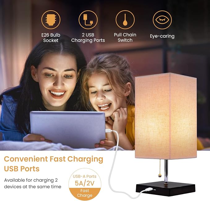 Siljoy Modern Table Lamp with 2 USB Charging Ports, Nightstand Bedside Desk Lamp with Beige Fabric Lampshade, Pull Chain Switch & Black Wooden Base, Ambient Light Beside Lamps for Bedroom, Living Room