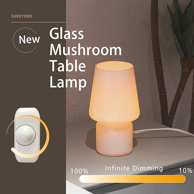 Mushroom Lamp,Mother's Day Gifts,Small Table Lamp,Cute Nightstand Kitchen Mini Lamp,Glass Table Lamp,Suitable for Bedrooms, Kitchens, Living Rooms, Bedside, Girl Gifts（White）
