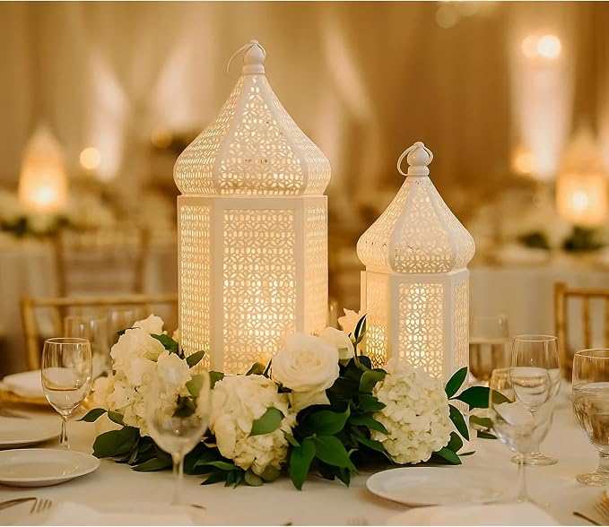 VELA LANTERNS Large Temple Tower Moroccan Lantern Lamp Decorative Candle Holders for Ramadan Decorations, Hanging, Outdoor Patio or Porch, Indoor Home Decor, Weddings, White, Set of 2