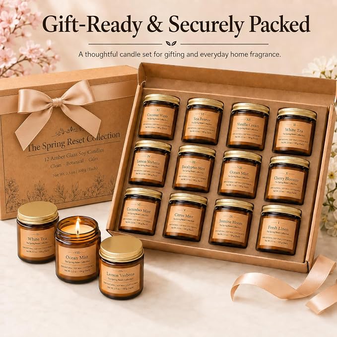 12 Pack Summer Scented Candles, 3.5 oz Amber Glass Jar Soy Candle Set | 8% Essential Oil Blend, Gifts for Women Birthday Housewarming