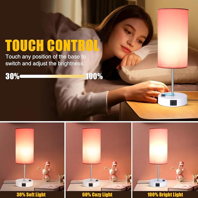 Table Lamp with USB Port - Desk Lamp Touch Lamp Bedside Lamps for Bedroom, 3 Way Dimmable Small Lamps for Living Room, Nightstand, Nursery, Dorm, Home, Office, White Base+ Pink Lampshade