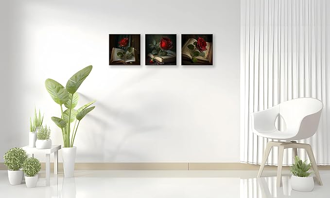 NAN Wind Vintage Red Wall Decor for Living Room Bathroom Accessories Green Leaf Retro Wall Art Red Rose on Books Pictures Bedroom Decor Kitchen Home Decorations 20x20 3 Pcs/Set