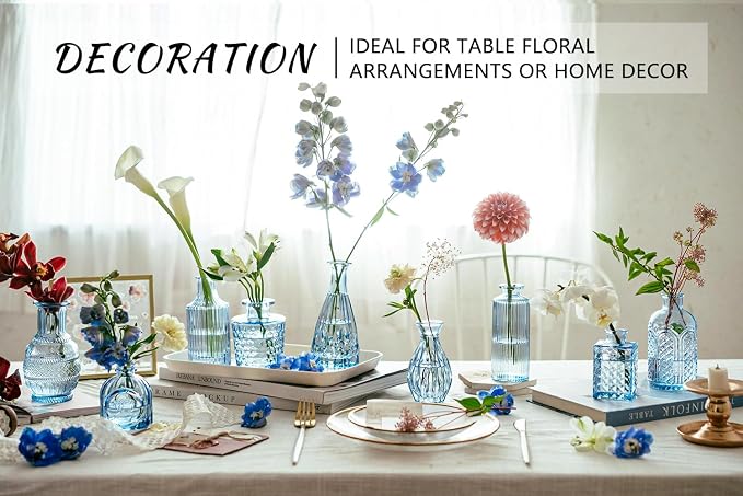 SUPMIND 16P Blue Glass Bud Vases, Small Flower Vases for Table Centerpieces | Cute Mini Vintage Vases in Bulk for Wedding Decoration, Baby Shower, Home Decor, Table Centerpieces