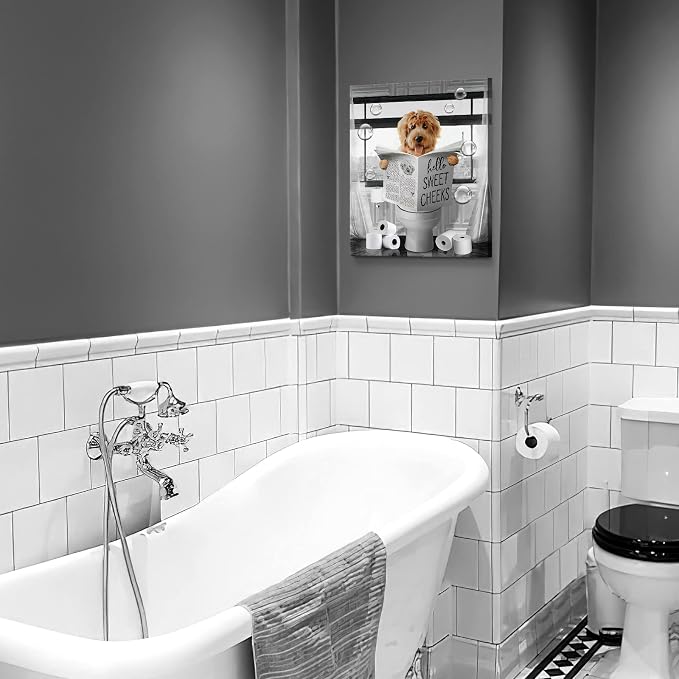 Parylore Funny Dog Wall Art Black and White Dog Bathroom Print Farmhouse Bathroom Animals Wall Decor Dog Sitting in Toilet Reading Newspaper Painting Framed Artwork for Toilet Bathroom 16x24 inch