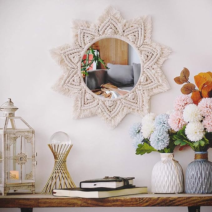 TENEWEE Small Macrame Boho Round Wall Mirror for Apartment & Rental Home | Handmade cotton, HD glass, easy hanging for entryway, dorm, bath & bedroom; farmhouse cottagecore wall small spaces decor