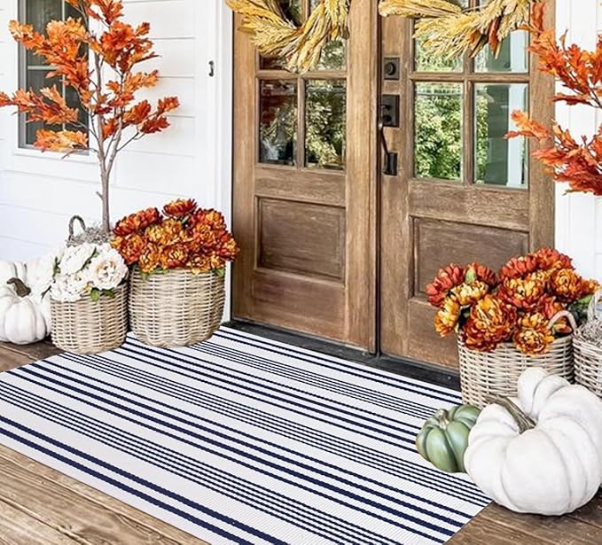 BUAGETUP Blue and White Outdoor Rug 3'x 5' Hand-Woven Cotton Washable Rug Striped Front Porch Rug Indoor/Outdoor Area Rug Floor Mat for Farmhouse/Layered Door Mats/Living Room