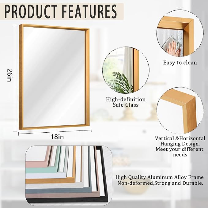 AAZZKANG Rectangle Decorative Wall Mirror Large 26"x18" with Metal Framed Bedroom Living Room Bathroom Mirror Vanity Mirrors