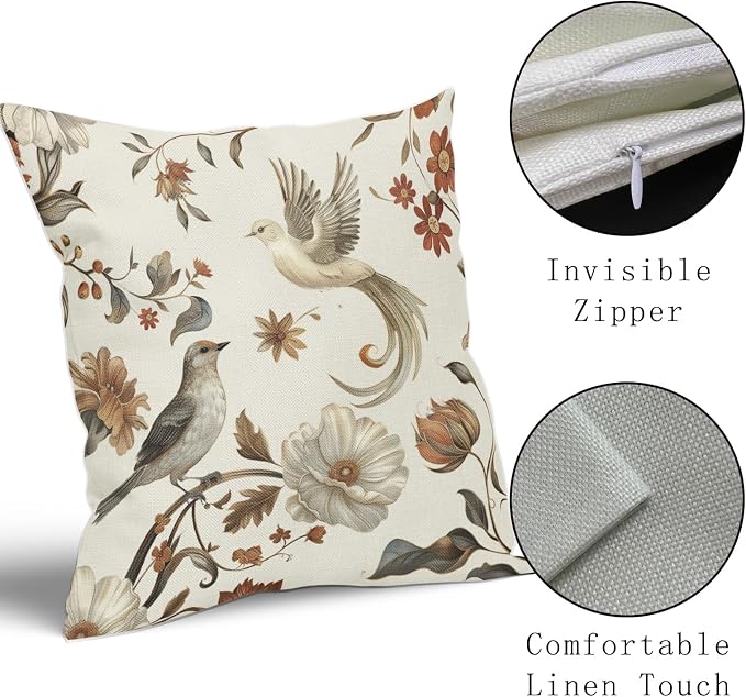 Kawani Vintage Floral Pillow Covers 22x22 Inch Set of 2 Cream Chinoiserie Flower and Bird Outdoor Decorative Throw Pillows Retro Rustic Pillowcases Farmhouse Cushion Covers for Couch Home Decor