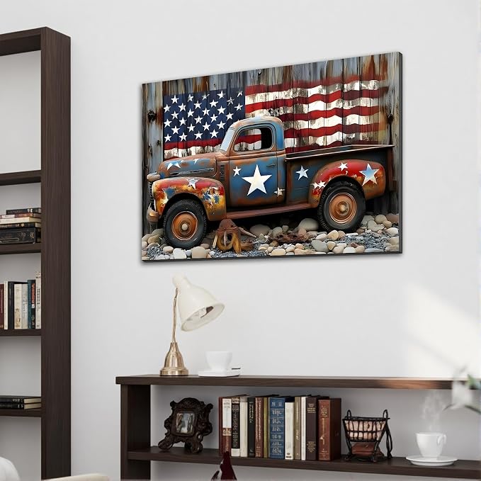 Framed Rustic American Flag Vintage Truck Wall Art, Patriotic Farmhouse Canvas Art Pictures, Distressed USA Wall Decor for Garage Man Cave Living Room, Ready to Hang Made in USA