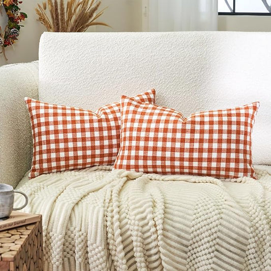 Fall Burnt Orange Plaid Gingham Outdoor Lumbar Pillow Covers 12x20 Set of 2 | Thanksgiving Autumn Lumbar Pillow Cover 12 x 20, Cojines De Otoño Para Sala, Aesthetic Fall Room Decor, Patio Outdoor Pillow