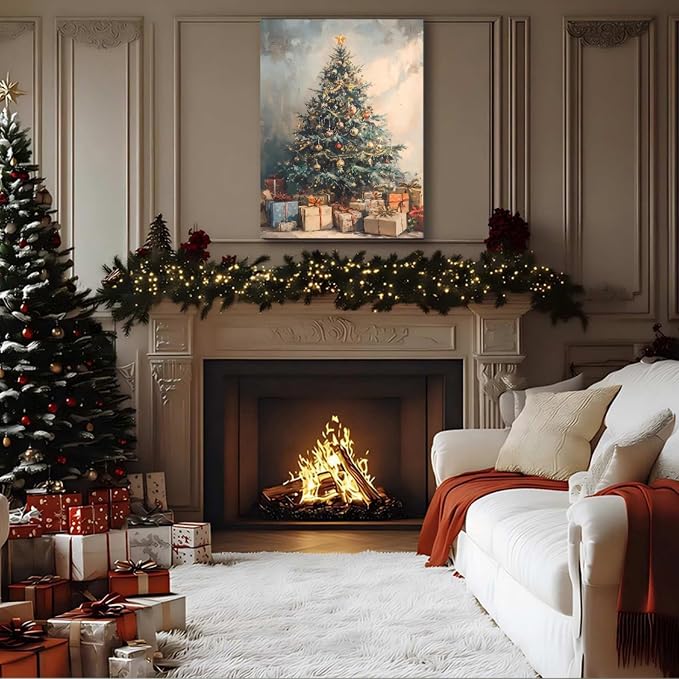 Framed Vintage Canvas Wall Art, Rustic Winter Evergreen Tree Pictures 20x30inch Pine Tree with Gifts Wall Decor for Kitchen, Bathroom, Room Decor Perfect for Winter, Christmas Decoration