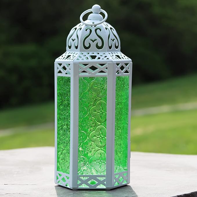 VELA LANTERNS 10.5" White Moroccan Lamp Lantern Decorative Candle Holder for Ramadan Decorations, Indoor Home Decor, Outdoor Patio or Porch, Weddings, Green Glass, Medium