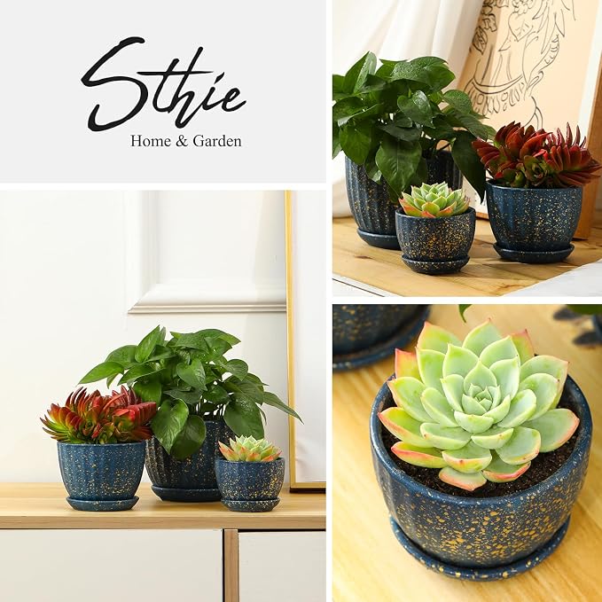 Ceramic Plant Pots with Saucers, Round Blue Flower Pots for Indoor Plant | Small Flower Planters with Drainage Holes, Diameter 3.3/4.3/5.5 Inches, Set of 3