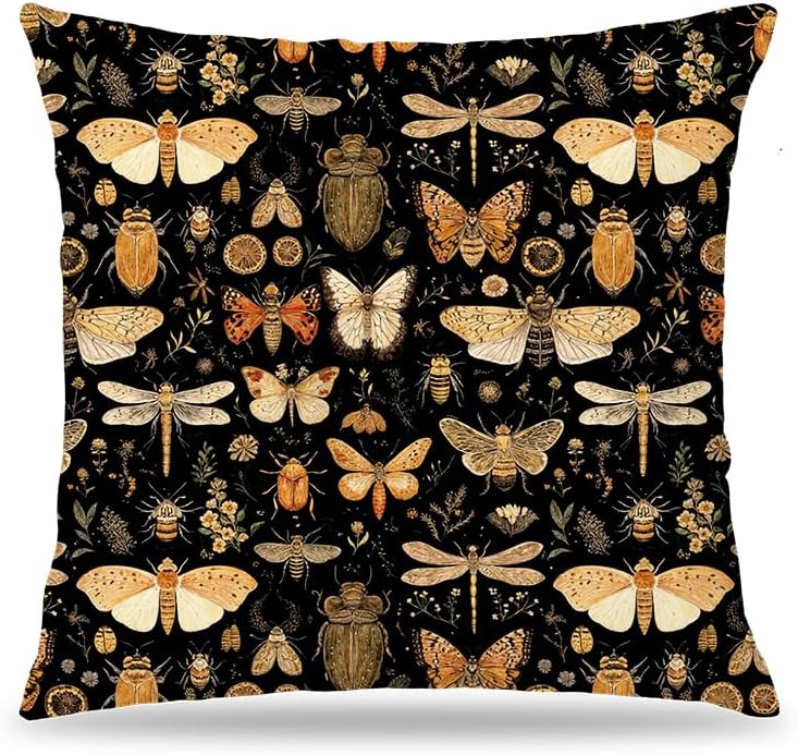 Vintage Dark Academia Butterfly Pillow Cover 18x18 Double-Sided, Gothic Golden Insect Beetle Entomology Moody Floral Decorative Throw Pillow Cover for Home Bedroom Living Room