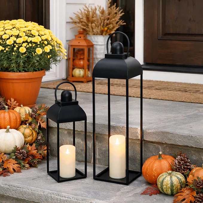 25'' 19'' Lanterns Decorative Outdoor Indoor, Black Metal Outdoor Lanterns | Set of 2 No Glass Modern Farmhouse Decorative Lantern with Candle and Remote Control for Fireplace, Patio, Porch, Floor