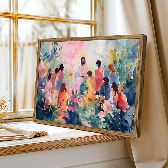 Framed Jesus With Children Wall Art, Christian Jesus Teaching Kids Wall Decor Paintings, Religious Nursery Poster Canvas Prints Artwork for Living Prayer Room Bedroom 12x16 inch