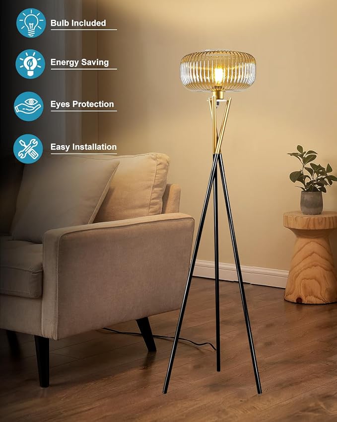 Lightdot Glass Tripod Floor Lamp for Living Room, Modern Gold&Black Standing Lamp with Ribbed Brown Glass Shade, Arc Tall Lamp for Bedroom/Reading Room/Sofa Beside/Corner Decor (Bulb Included)