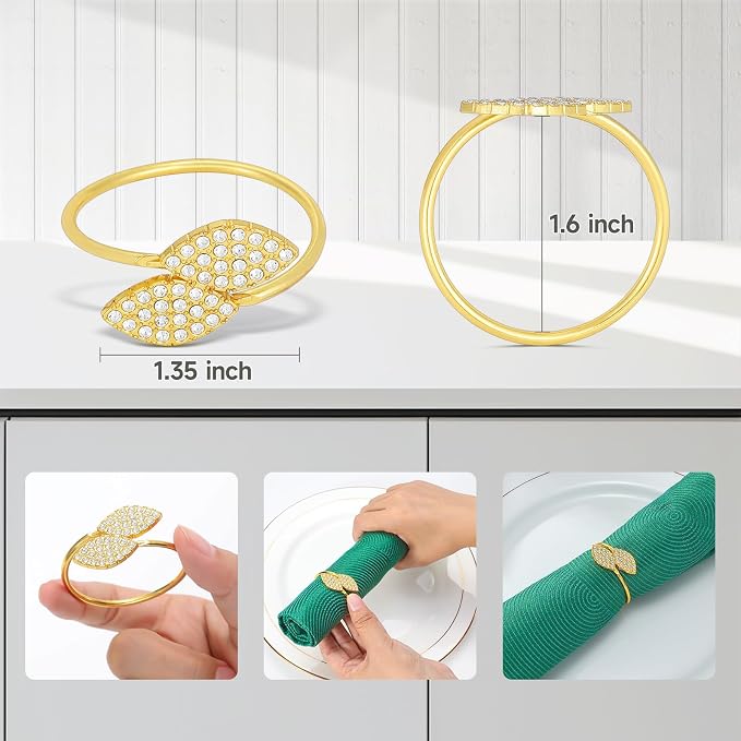 KPOSIYA Set of 20 Diamond Leaf Napkin Rings Metal Gold Napkin Holder Table Napkin Rings for Thanksgiving Day Christmas Dinning Table Parties Everyday (Diamond 20)