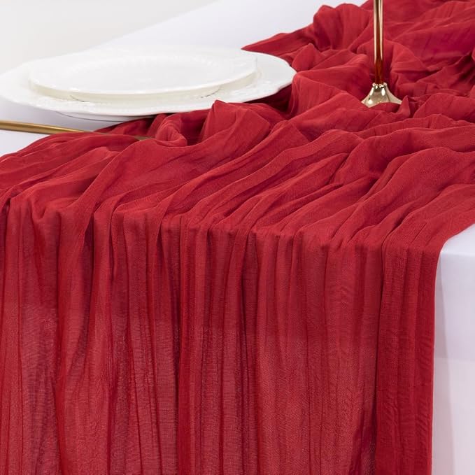 Cheesecloth Table Runner Fall Boho Wedding Birthday Party Home Decor | Red 3pcs Rustic Gauze 10FT Cheese Cloth Sheer Farmhouse Dining Runner for Baby Shower Bridal Holiday Decorations