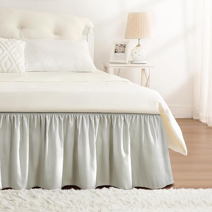 Light Grey Bed Skirt Queen Size 18" Drop, Elastic Wrap Around Bedskirt | Solid Ruffled, Easy to Use, No Mattress Lifting, Wrinkle & Fade Resistant, with Adhesive Strips, Machine Wash/Dry/Iron
