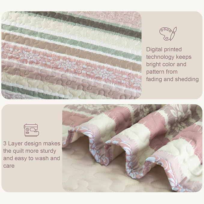 Exclusivo Mezcla Reversible Boho Quilt King Size Pink | Lightweight Soft Bedspreads, All Season Striped Coverlet Bedding Set, Printed Floral Pattern, 1 Quilt and 2 Pillow Shams