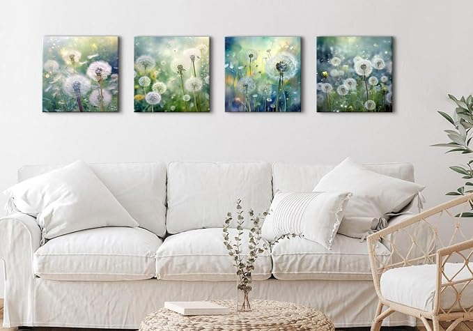 Dandelion Canvas Wall Art Modern Landscape Wall Decor for Bedroom White Dandelion Flower Painting Living Room Bathroom Pictures Natural Scenery Posters Kitchen Dinner Room Home Decoration 16x16" 4 Pcs