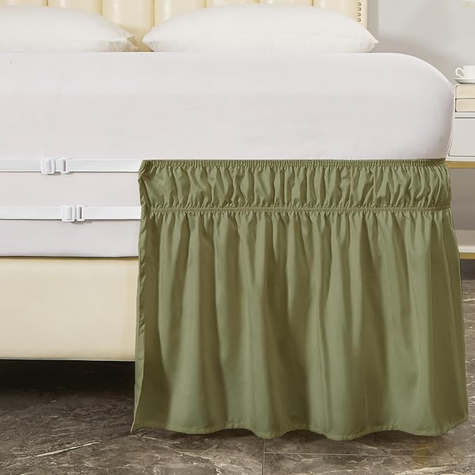 MEILA Wrap Around Elastic Bed Skirt for Queen & King Beds, 16" Drop, Sage | Three-Side Adjustable Elastic Dust Ruffle, Ruffled Polyester Fabric, Easy to Install, Fade Resistant & Machine Washable
