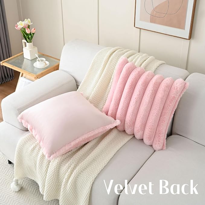 HAUSSY Pack of 2 Pillow Covers 26x26 Inch, Faux Fur Decorative Couch Throw Pillows Soft Striped Plush Cushion Covers Home Decor Cute Furry Pillowcase for Living Room Sofa Bed, Pink (Covers Only)