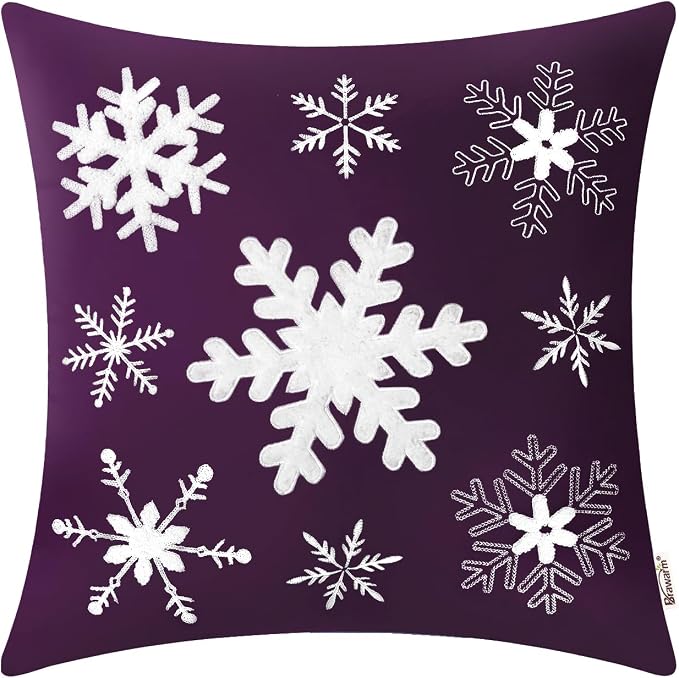 BRAWARM Christmas Pillow Cover 20 X 20 Inches, Purple Snowflake Embroidered Pillow Cover, Soft Velvet Decorative Throw Pillow for Couch Bed Sofa Living Room Home