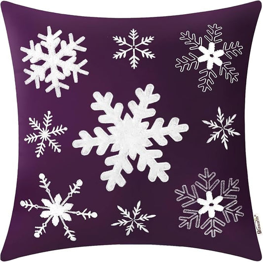 BRAWARM Christmas Pillow Cover 20 X 20 Inches, Purple Snowflake Embroidered Pillow Cover, Soft Velvet Decorative Throw Pillow for Couch Bed Sofa Living Room Home
