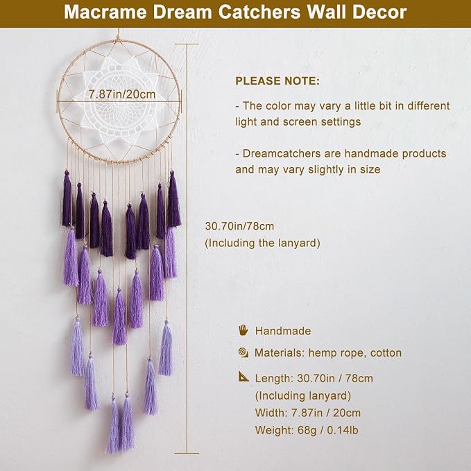 Artilady Macrame Dream Catcher Wall Hanging, Purple Large Boho Room Decor