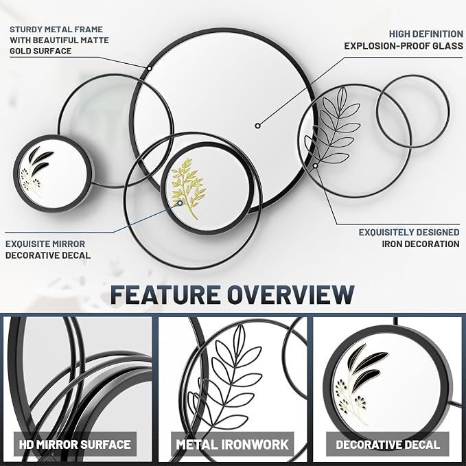 Wall Mirror Decorative, Round Decorative Mirror, Large Decor Metal Wall Art | 45''x25.5'' Print Mirror for Entryway, Living Room, Bedroom, Dining Room Kitchen Decor