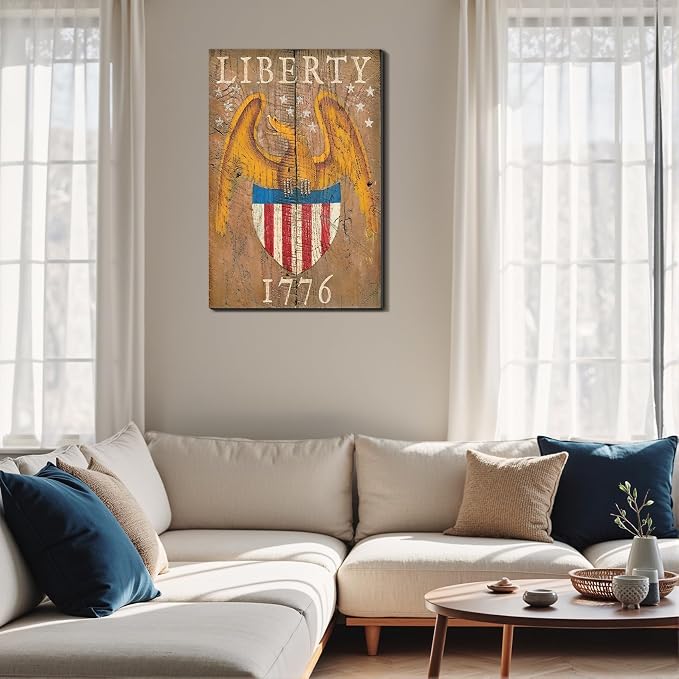 Framed Liberty 1776 Bald Eagle Wall Art, Patriotic Vintage Canvas Art Pictures, USA Flag Wall Decor, Made in USA Ready to Hang for Office Man Cave