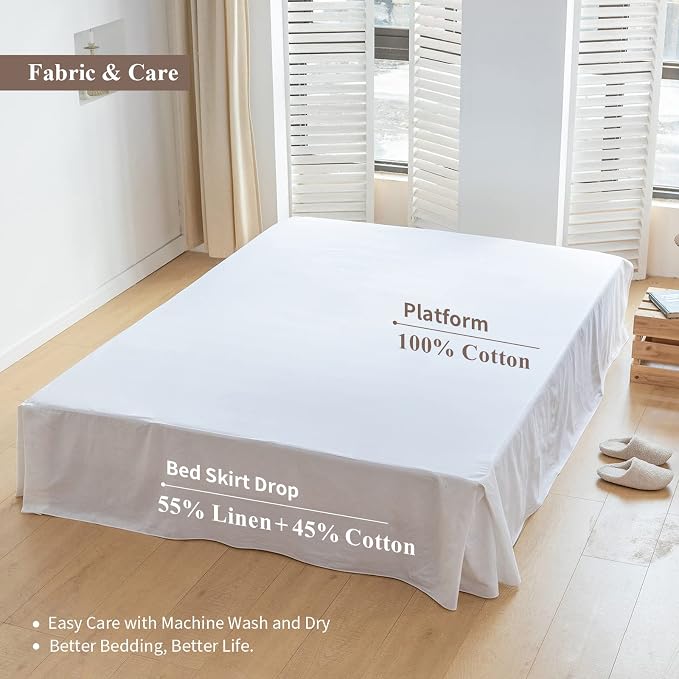 BISELINA French Linen Bed Skirt with Pleated Corner 14-Inch Tailored Drop Natural Flax Cotton Blend Basic Dust Ruffle Soft Cozy Farmhouse Bedding (14" King, Basic White)