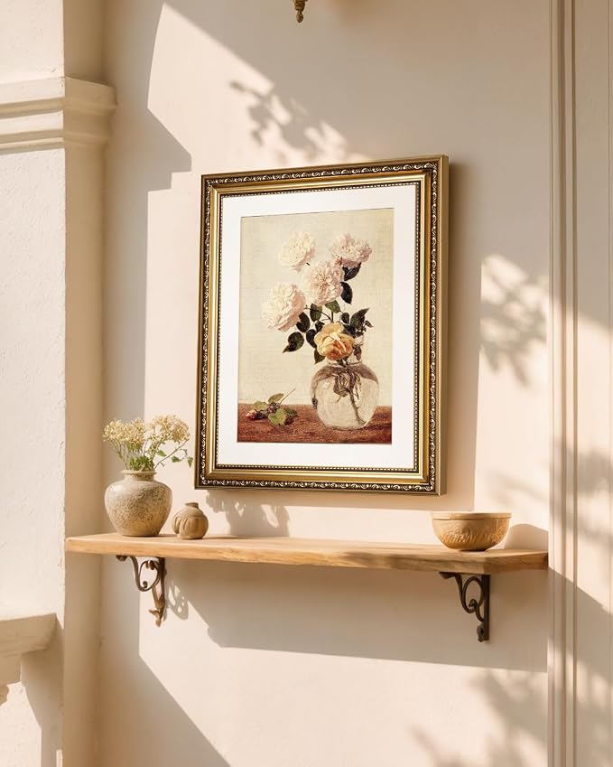 WHASAYART Vintage Gold Framed Beautiful Flowers Canvas Wall Art 13x16 Inch | Antique Still Life Rose in Vase Painting Print, Classic Botanical Wall Decor Artwork Living Room Entryway Bedroom Office