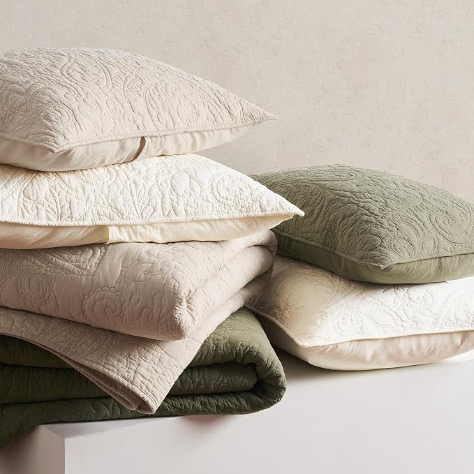 EVERGRACEHOME 100% Cotton Paisley Quilt Set, Oversized King, Flax Beige | Prewashed for Softness, Year-Round Breathability, Gift-Ready Box, Matelasse-style Quilted Coverlet, 3 Piece Set with 2 Shams