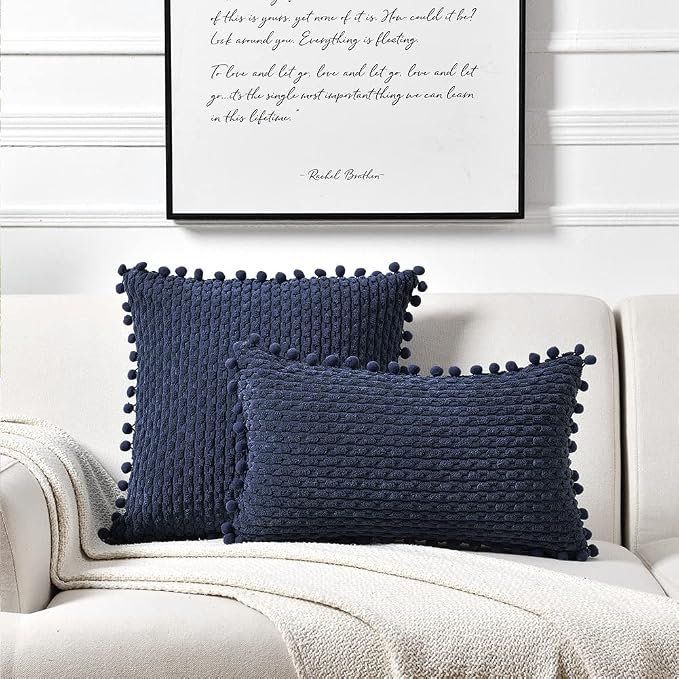 Fancy Homi Set of 2 Navy Blue Decorative Throw Pillow Covers 18x18 Inch with Pom-poms for Couch Bedroom Living Room, Modern Farmhouse Boho Home Decor, Soft Plush Corduroy Cute Cushion Case 45x45 cm