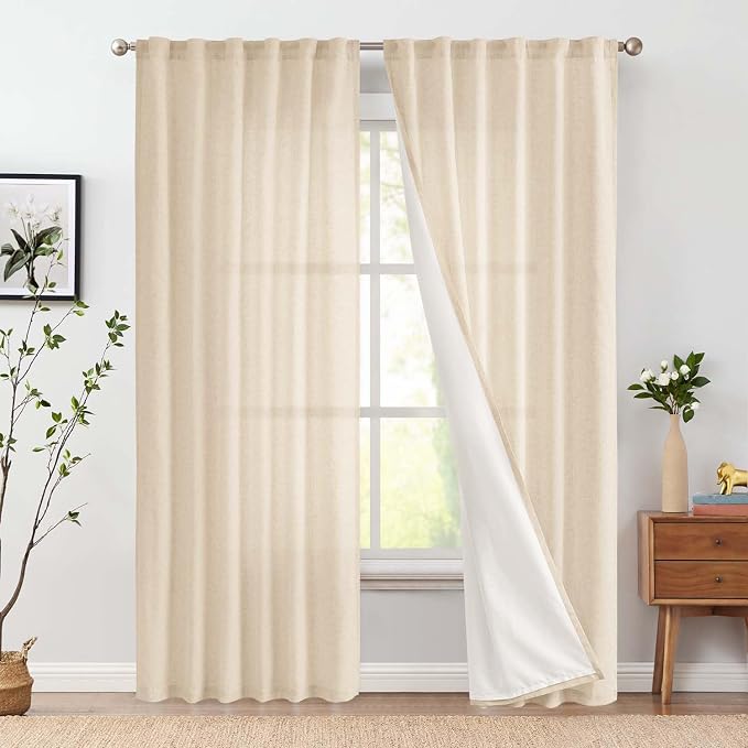 jinchan Lined Linen Curtains Privacy Back Tab 50x96 Inch 2 Panels Set Beige | Light Filtering Curtains with White Privacy Liner, Cottage Core Farmhouse Curtains for Living Room, Rod Pocket 96 Inch Length