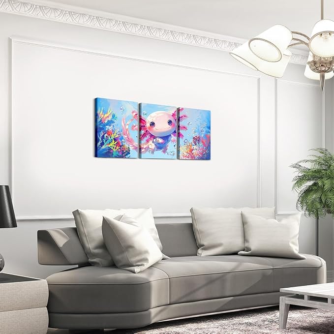 Feelyou Kids Cute Axolotl Wall Painting Posters Ocean Picture Wall Decor Boys Girls Kawaii Sealife Canvas Wall Art for Living Room Bedroom Cartoon Salamander Bathroom Wall Art 12"x16"x 3Pcs