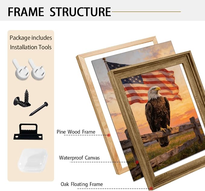 American Flag Framed Canvas Wall Art, 4th of July Patriotic Canvas Prints | USA Flag with Bald Eagle Poster Print, Vintage Independence Day Wall Decor for Bedroom Living Room 16×20in